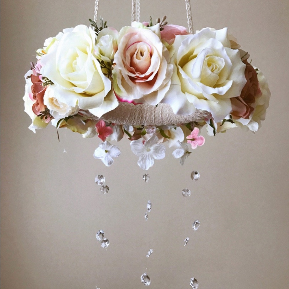 Floral mobile with Swarovski crystals, Crib mobile, Vintage inspired decoration